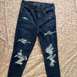 American Eagle Blue Dark Wash High Rise Distressed/Ripped Women Jegging Jeans